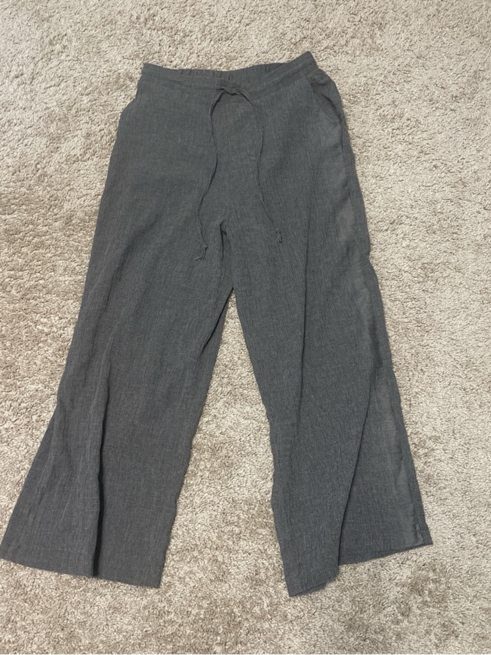 Gray Wide-Leg Drawstring Linen Pants